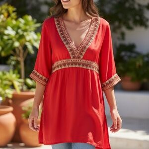 Fuscia Silk Gold Embellished V-neck Tunic by Ravissant - Measurements below